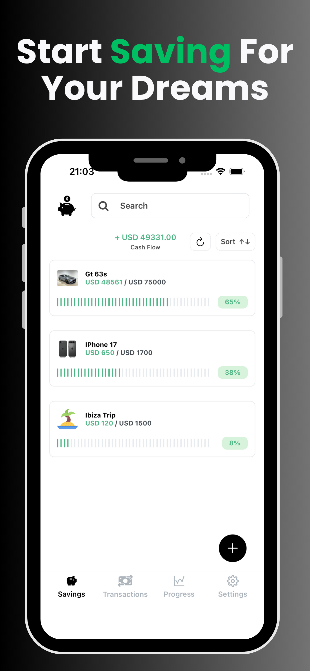 App Screenshot on a smartphone showing savings goals